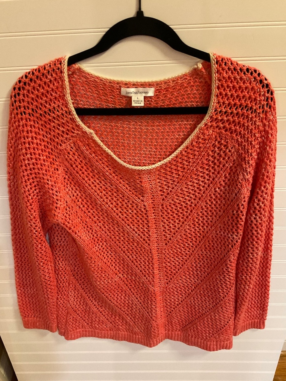 John Paul Richard Coral Open Knit Crochet Sweater Pullover. Size: L Pre Owned